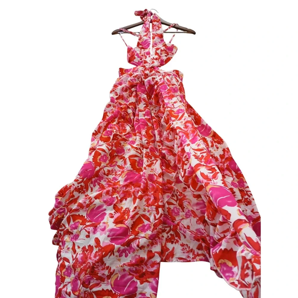 Tropical Floral Halter Maxi‎ Dress Cutout Waist Pink Red Orange Resort W26 S